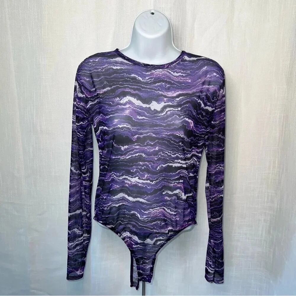 Pretty Little Thing NWT Printed Mesh Festival Rave High Neck Bodysuit Sz 10
